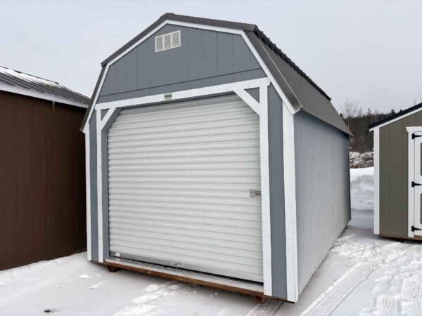 A179 Roll Up door on Lofted Barn 10x16 Grey Shadow with Barn White Trim - no permit required