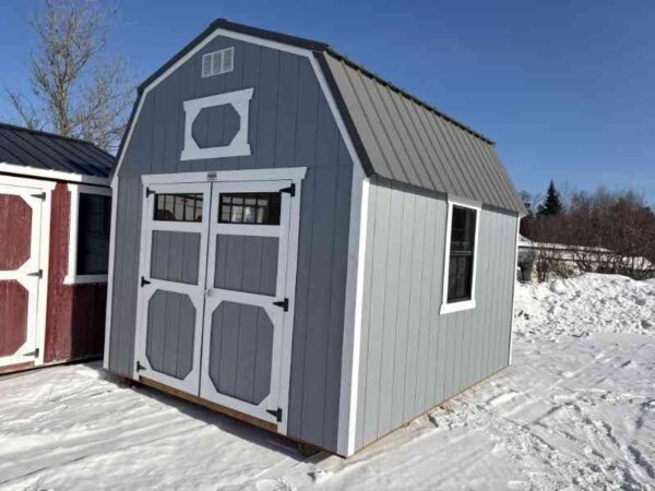 A241 Lofted Barn 10x12 Grey Shadow with Barn White Trim - no permit required