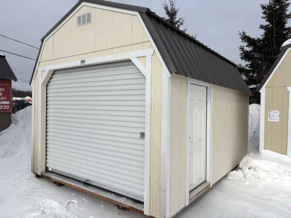 A253 Roll Up door on Lofted Barn 12x16 Eaglet Beige with Barn White Trim - a permit is easy