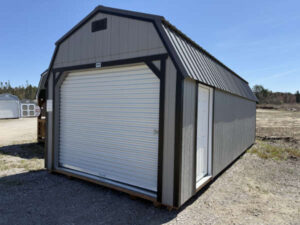 A195: Roll Up door on Lofted Barn 12x28 Pewter Cast with Black Trim - a permit is easy