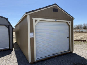 A204: Roll Up door on Utility Shed 12x28 Buckskin with Thatch Brown Trim - a permit is easy