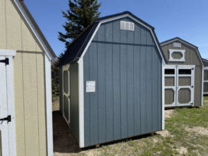 A212 Lofted Barn 8x12 Smokey Blue with Barn White Trim - no permit required