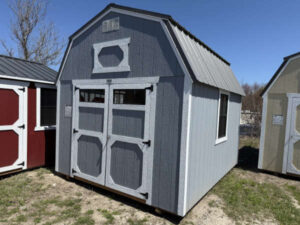 A241 Lofted Barn 10x12 Grey Shadow with Barn White Trim - no permit required
