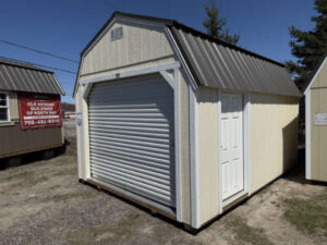 A253 Roll Up door on Lofted Barn 12x16 Eaglet Beige with Barn White Trim - a permit is easy