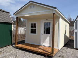 A357: Front Porch on Utility Shed 10x20 Eaglet Beige with Barn White Trim - a permit is easy