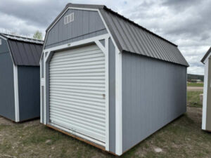 B182 Roll Up door on Lofted Barn 10x16 Steely Grey with Barn White Trim - no permit required