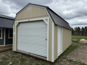 B297 Roll Up door on Lofted Barn 12x20 Crewel Tan with Barn White Trim - a permit is easy