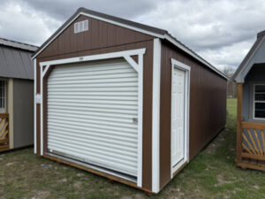B327: Roll Up door on Utility Shed 12x28 Brown with Barn White Trim - a permit is easy