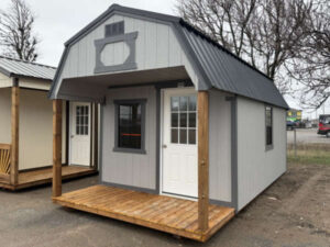 C326: Front Porch on Lofted Barn 10x20 Pewter Cast with Peppercorn Trim - a permit is easy