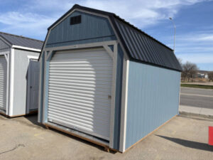 C356 Roll Up door on Lofted Barn 10x16 Smoky Blue with Pewter Cast Trim - no permit required