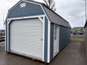 C414 Roll Up door on Lofted Barn 12x28 Smoky Blue with Barn White Trim - a permit is easy