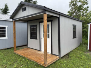 A198: Front Porch on Utility Shed 10x20 Gap Grey with Black Trim - a permit is easy