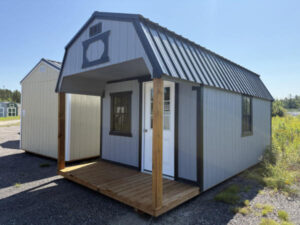 A334: Front Porch on Lofted Barn 10x20 Steely Grey with Black Trim - a permit is easy