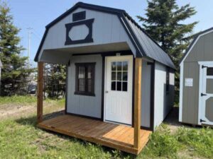 A334: Front Porch on Lofted Barn 10x20 Steely Grey with Black Trim - a permit is easy