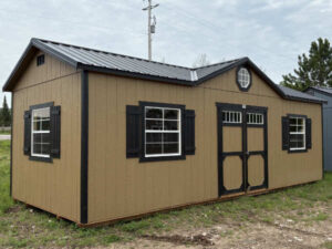 B251: Gable Dormer on Utility Shed 12x28 Buckskin with Black Trim - a permit is easy