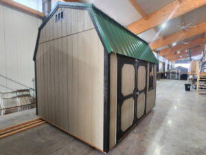 A674 Lofted Barn 10x12 Hardware Grey with Black Trim and Hunter Green roof - no permit required