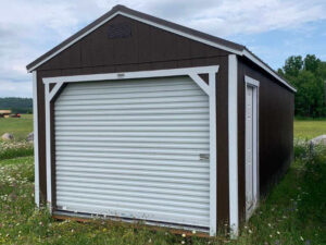 B330: Roll Up door on Utility Shed 12x28 Brown with Barn White Trim - a permit is easy