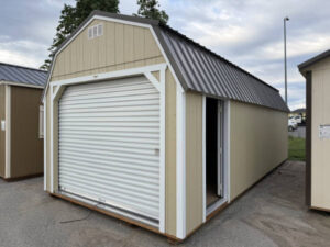 A382 Roll Up door on Lofted Barn 12x28 Crewel Tan, Barn White Trim, Burnished Slate Roof - a permit is easy