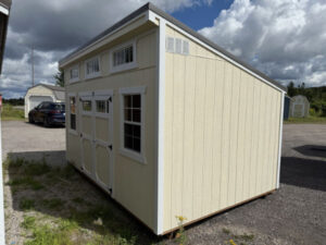 A738 Single Slope 10x16 Eaglet Beige with White Trim and Charcoal Roof - no permit required SOLD