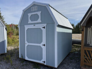 A668 Lofted Barn 8x12 Breezy with White Trim and Silver roof - no permit required