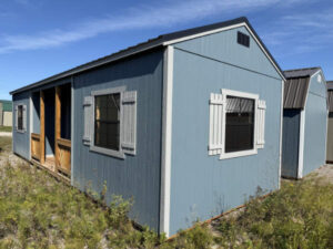 A252: Side Playhouse on Utility 12x32 Slate Tile with Gap Grey Trim and Black Roof - permits are easy