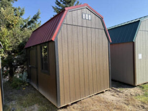 A654 Lofted Barn 8x12 Dark Clove with Black Trim and Rustic Red roof - no permit required