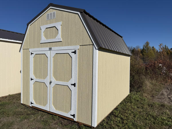 A781 Lofted Barn 10x12 Crewel Tan with White Trim and Burnished Slate roof - no permit required