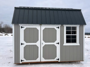 B826 Lofted Barn 10x12 Gap Grey with White Trim and Black roof - no permit required
