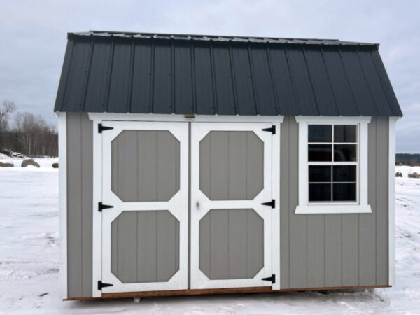 B826 Lofted Barn 10x12 Gap Grey with White Trim and Black roof - no permit required