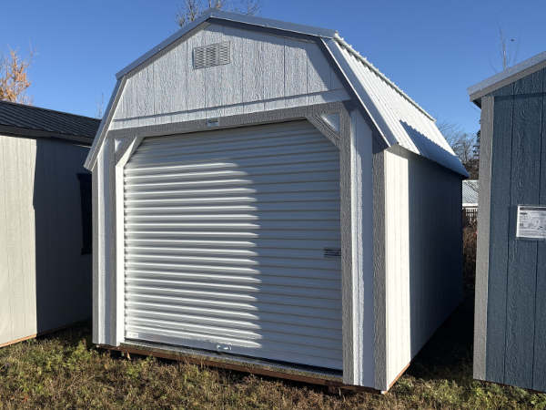 A863 Roll Up door on Lofted Barn 10x16 Barn White with Pewter Cast Trim and Silver roof - no permit required