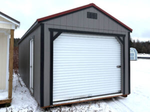 A865: Roll Up door on Utility Shed 12x28 Gauntlet Grey with Black Trim and Rustic Red Roof- a permit is easy SOLD