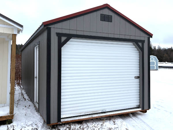 A865: Roll Up door on Utility Shed 12x28 Gauntlet Grey with Black Trim and Rustic Red Roof- a permit is easy SOLD