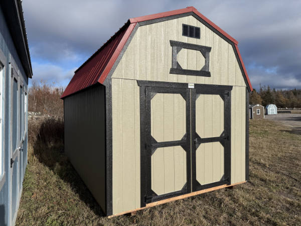 A876 Lofted Barn 10x16 Hardware with Black Trim and Rustic Red Roof - no permit required