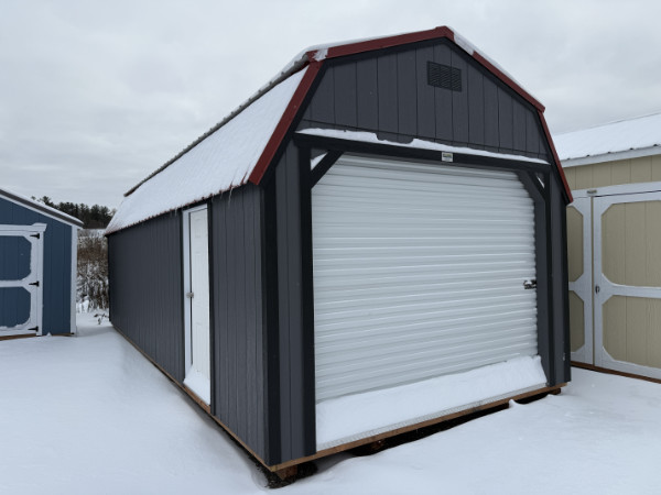 A871 Roll Up door on Lofted Barn 12x28 Peppercorn, BlackTrim, and Rustic Red Roof - a permit is easy