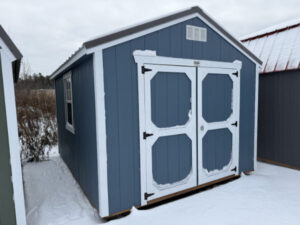 A901 Utility Shed 10x12 Smoky Blue with White Trim and Charcoal roof - no permit required