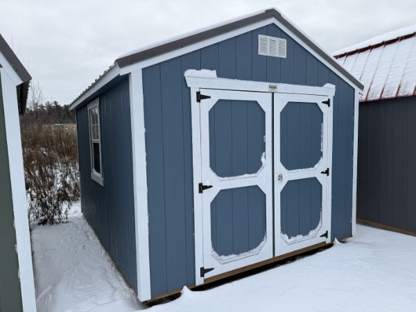 A901 Utility Shed 10x12 Smoky Blue with White Trim and Charcoal roof - no permit required