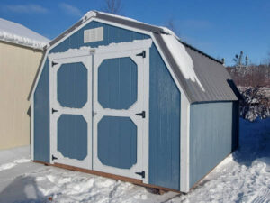 A917 Barn 10x12 Smoky Blue with Black Trim and Charcoal Roof - no permit required