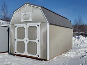 A946 Lofted Barn 10x16 Hardware Grey with White Trim and Charcoal Roof - no permit required