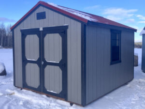 B899 Utility Shed 10x12 Gauntlet Grey with Black Trim and Rustic Red roof - no permit required
