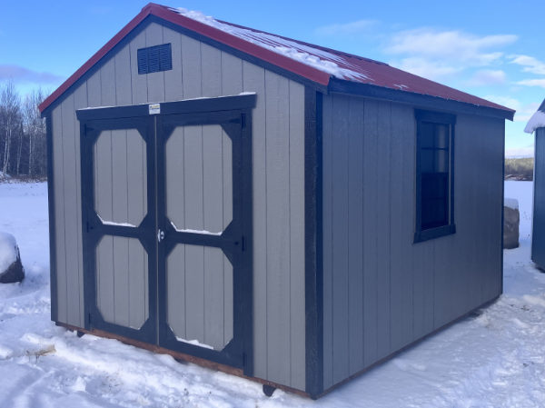 B899 Utility Shed 10x12 Gauntlet Grey with Black Trim and Rustic Red roof - no permit required