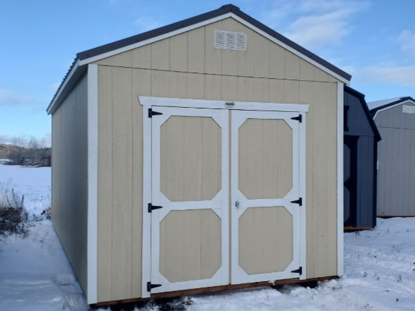 B908 Utility 10x20 Crewel Tan with White Trim and Charcoal roof - a permit is easy