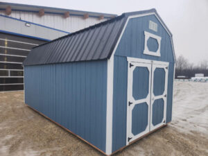 B916 Lofted Barn 10x16 Smoky Blue with White Trim and Black Roof - no permit required