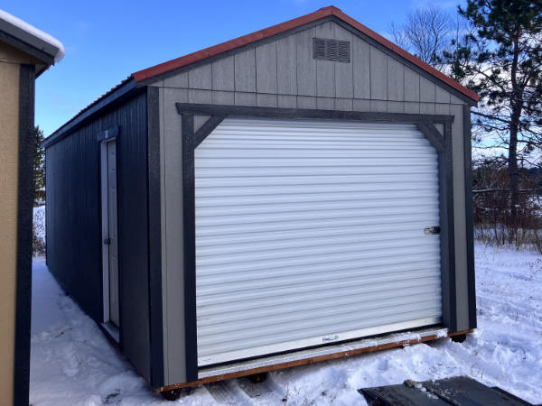 B942: Roll Up door on Utility Shed 12x28 Peppercorn with Black Trim and Rustic Red Roof- a permit is easy
