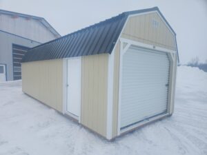 B012 Roll Up door on Lofted Barn 12x28 Crewel Tan, White Trim, and Black Roof - a permit is easy
