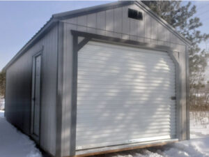B035: Roll Up door on Utility Shed 12x28 Pewter Grey with Peppercorn Trim and Charcoal Roof- a permit is easy
