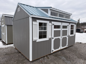 A134 Utility 10x16 Gauntlet Grey with Barn White Trim and Ocean Blue roof - no permit required