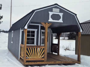 B017: Deluxe Playhouse on Lofted Barn 12x28 Peppercorn with Barn White Trim and Black Roof - a permit is easy