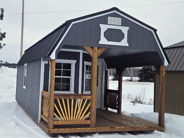 B017: Deluxe Playhouse on Lofted Barn 12x28 Peppercorn with Barn White Trim and Black Roof - a permit is easy