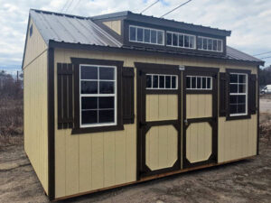 A132 Utility 10x16 Crewel Tan with Dark Clove Trim and Burnished Slate roof - no permit required