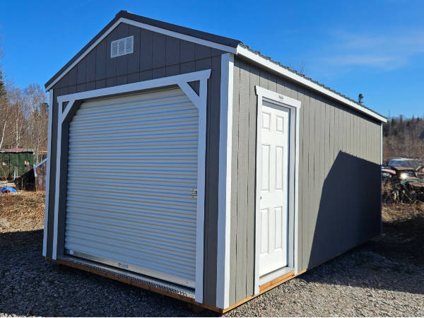 A168: Roll Up door on Utility Shed 10x20 Gauntlet Grey with White Trim and Charcoal Roof - a permit is easy